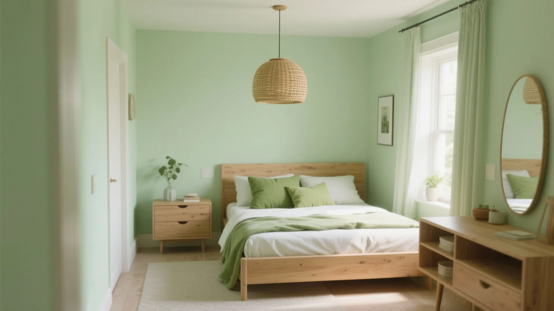 Light green bedroom with wooden bed frame green pillows woven ceiling light and large oval mirror