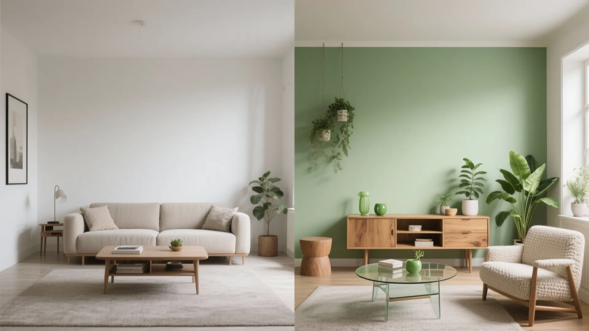 Split-view living room before and after: neutral baseline versus a lime accent wall with oak console and plants.