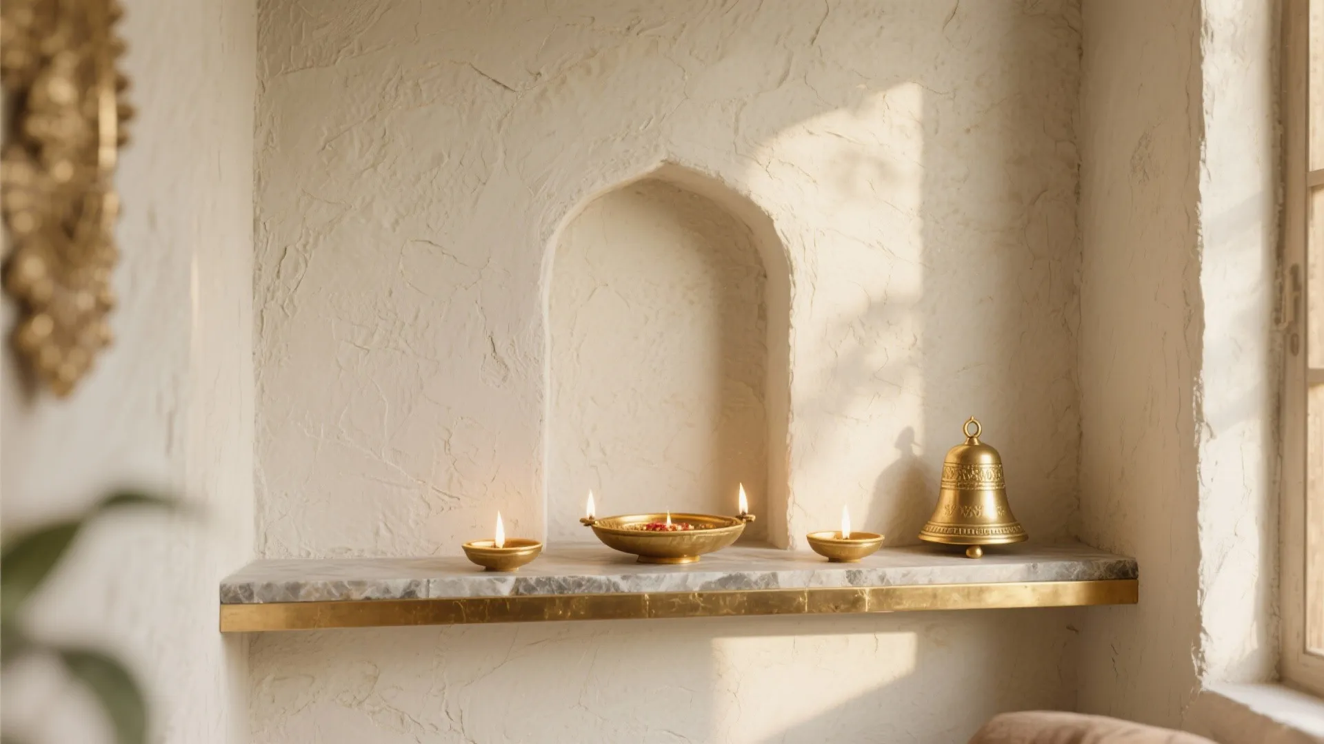 Textured lime plaster or microcement wall with brass accents