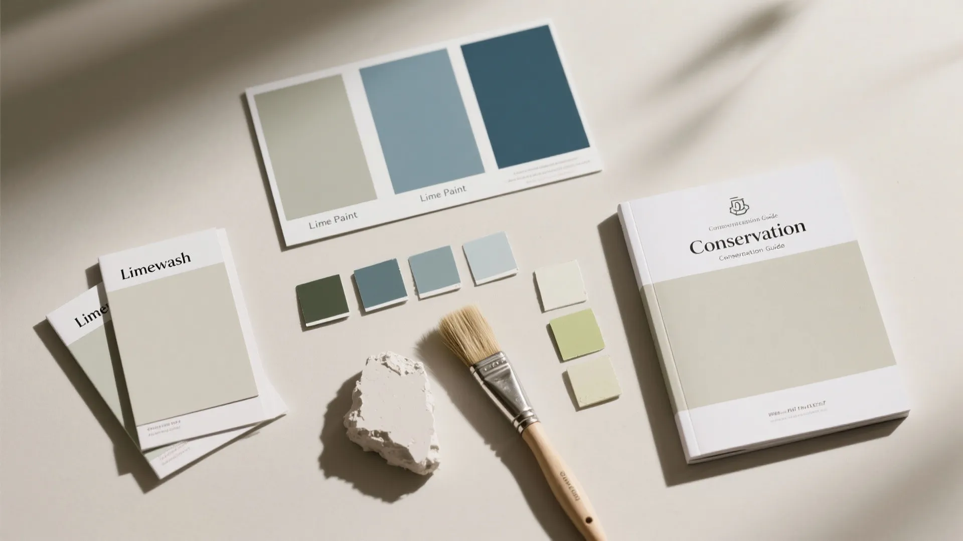 Table top view of paint color cards brushes and design guides for home wall painting projects