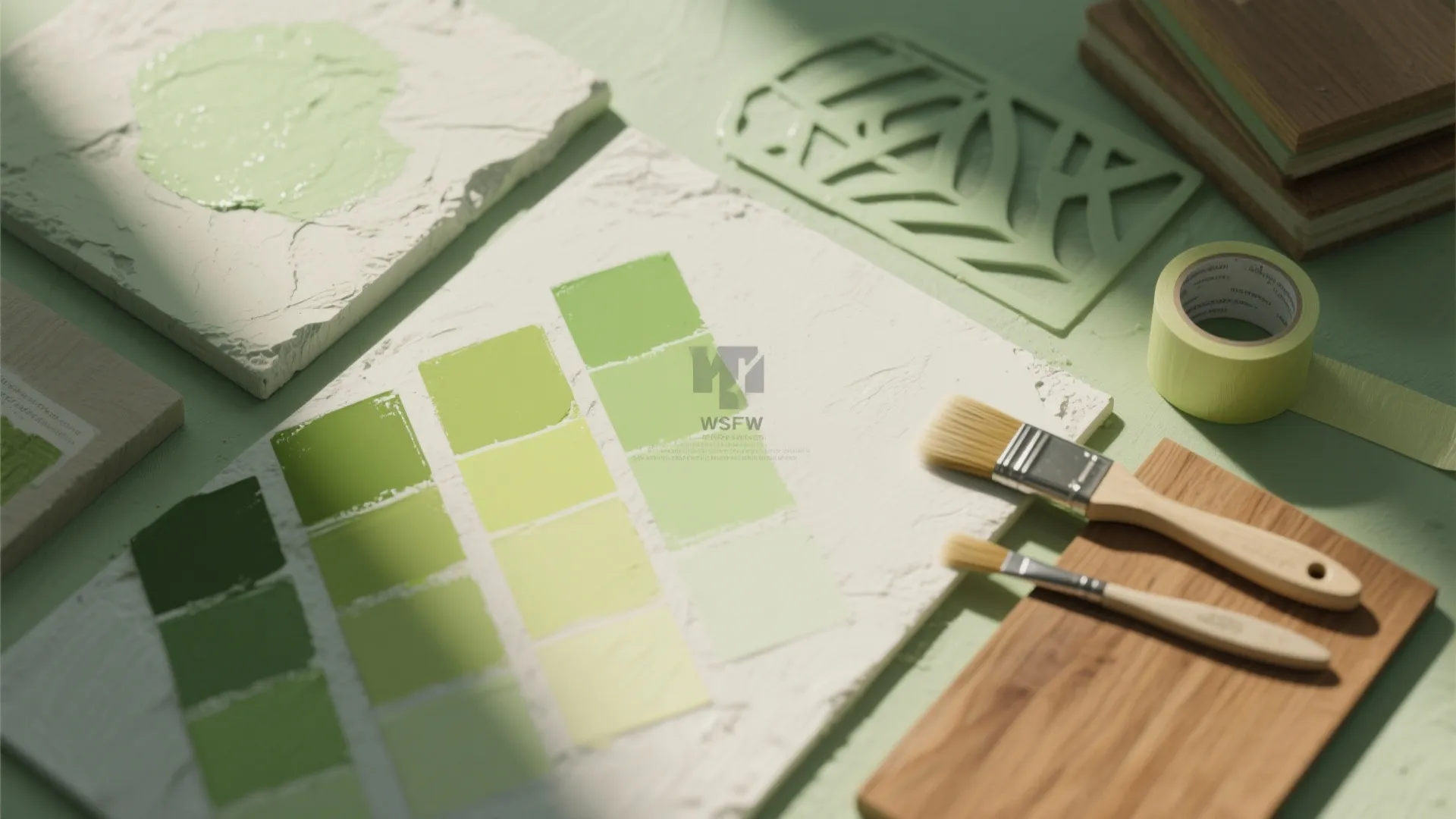 Interior design mood board with green color swatches wood samples paint brushes and masking tape