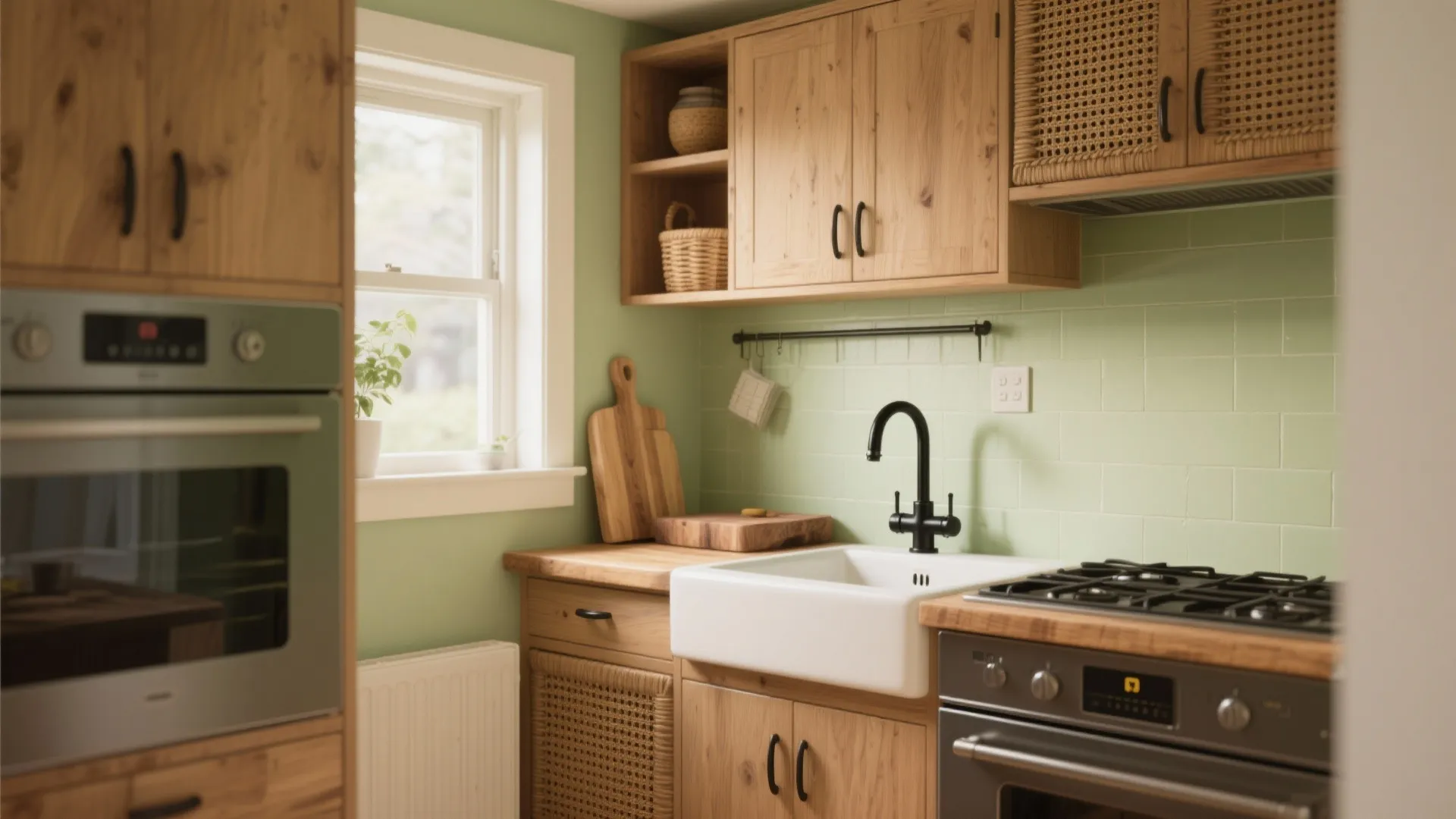 Rustic kitchen with light green wall tiles wooden cabinets white sink black faucet and oven