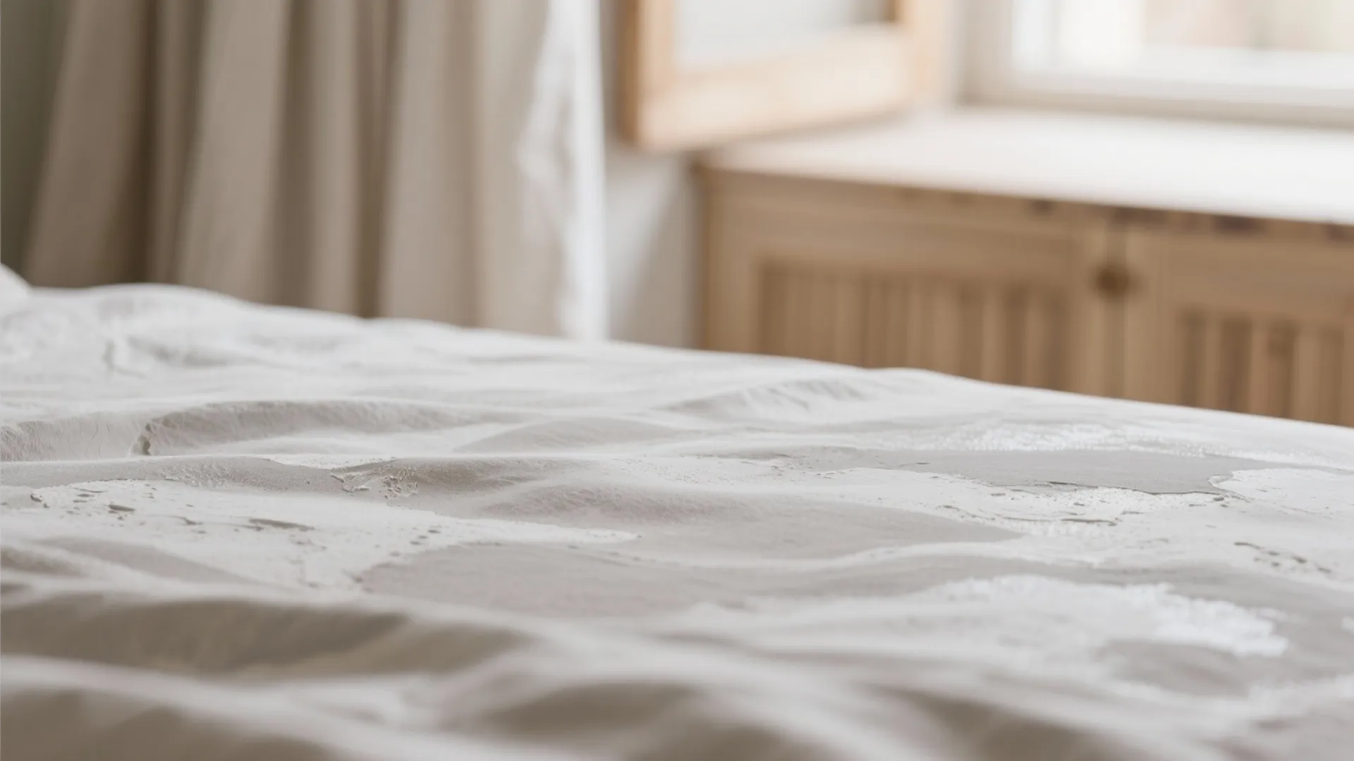 Close up shot of white textured bed sheets with blurred wooden cabinet and window behind it
