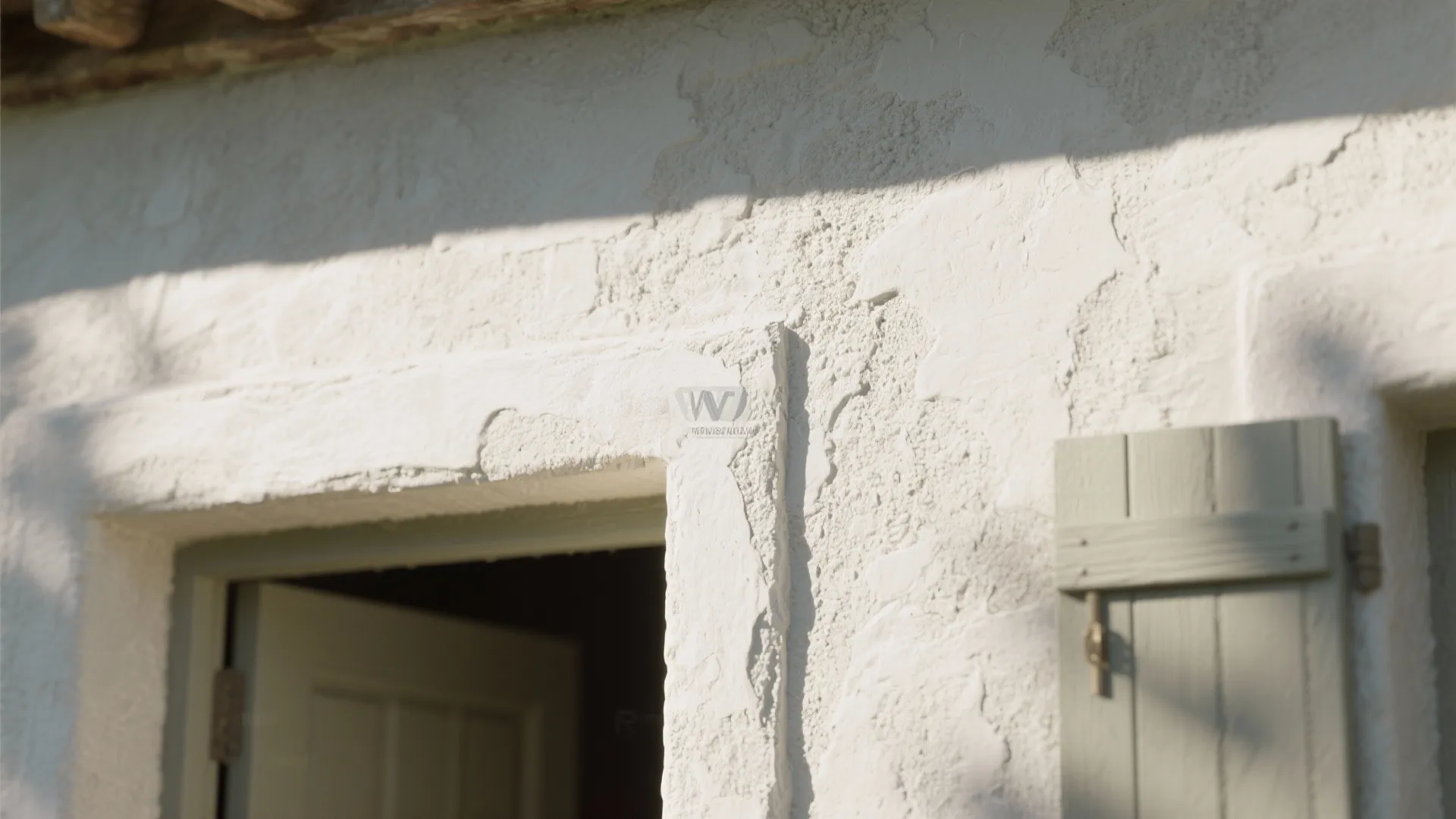 Close up of white textured plaster wall above open door with green wooden window shutter