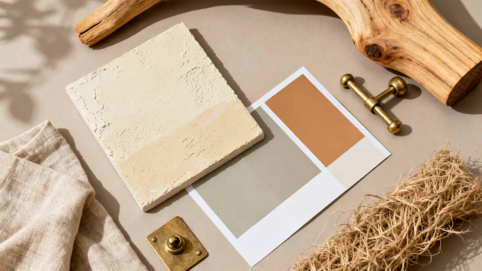 Top-down flat lay of lime plaster sample with greige swatches, teak, brass, linen, and jute.