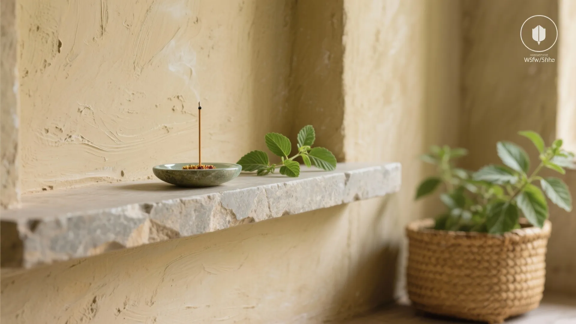 Incense stick burning on a stone shelf with green leaves against a textured beige plaster wall