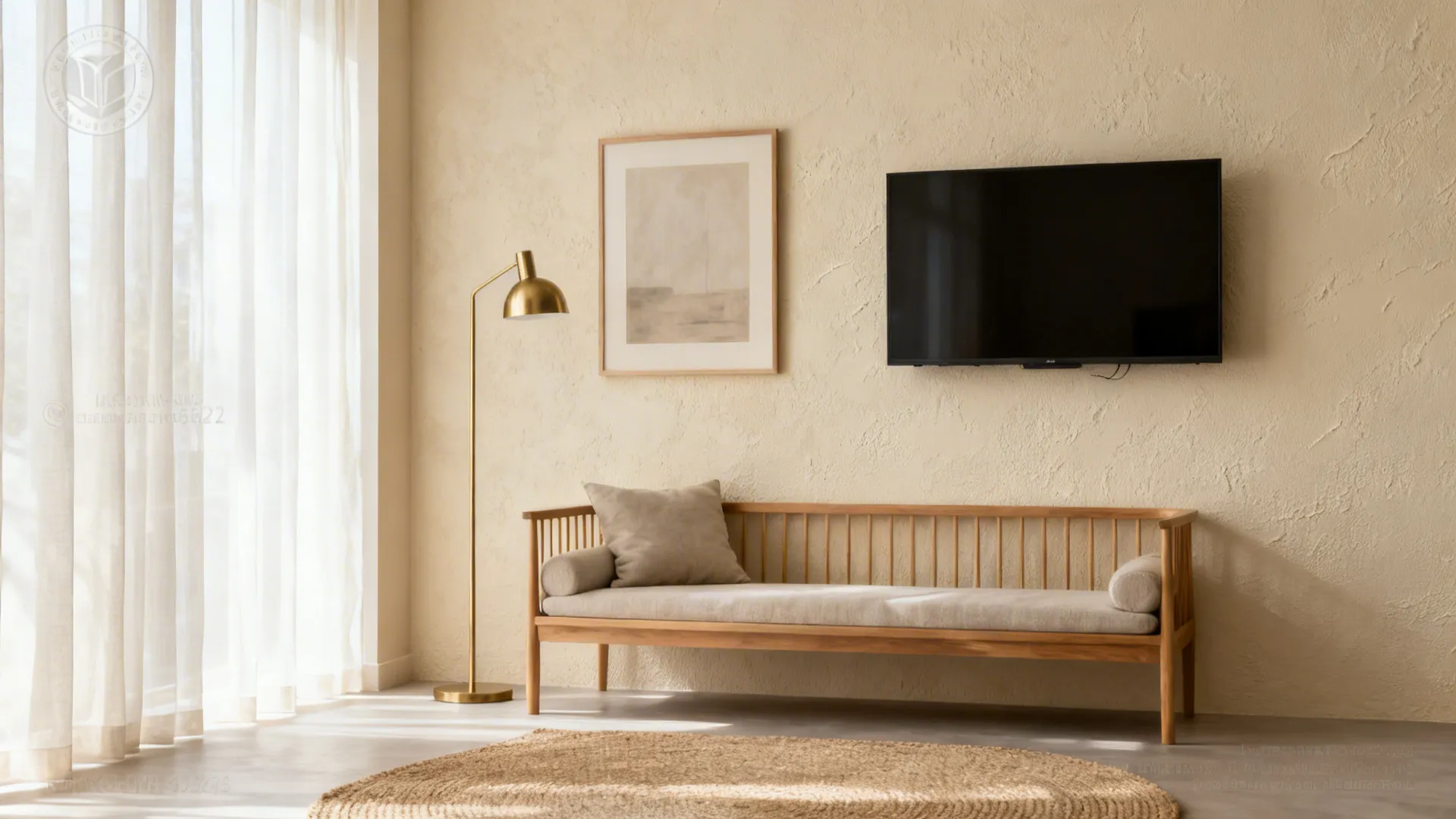 Pale beige lime plaster accent wall in a compact Indian living room with teak and neutral decor.