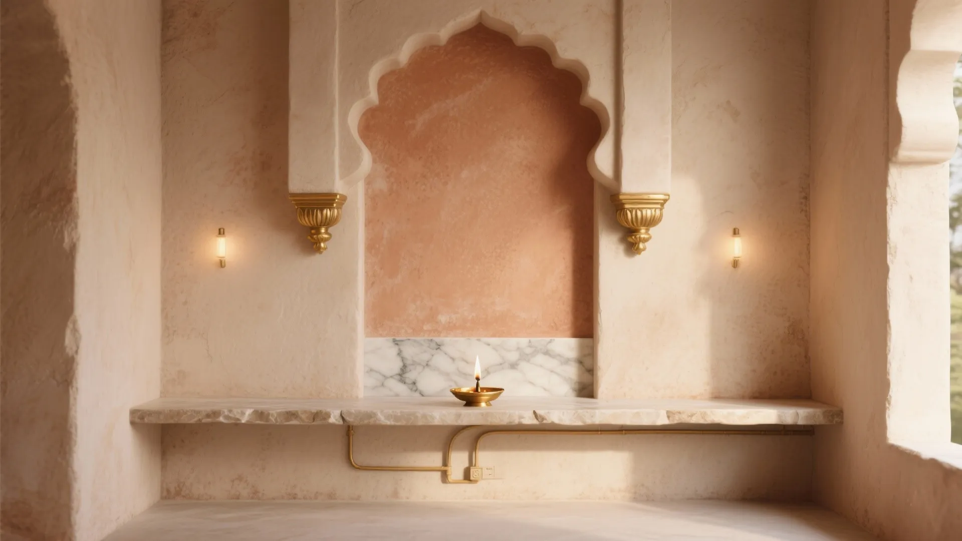 Minimalist prayer room featuring arched wall niche with lime plaster finish and white marble shelf