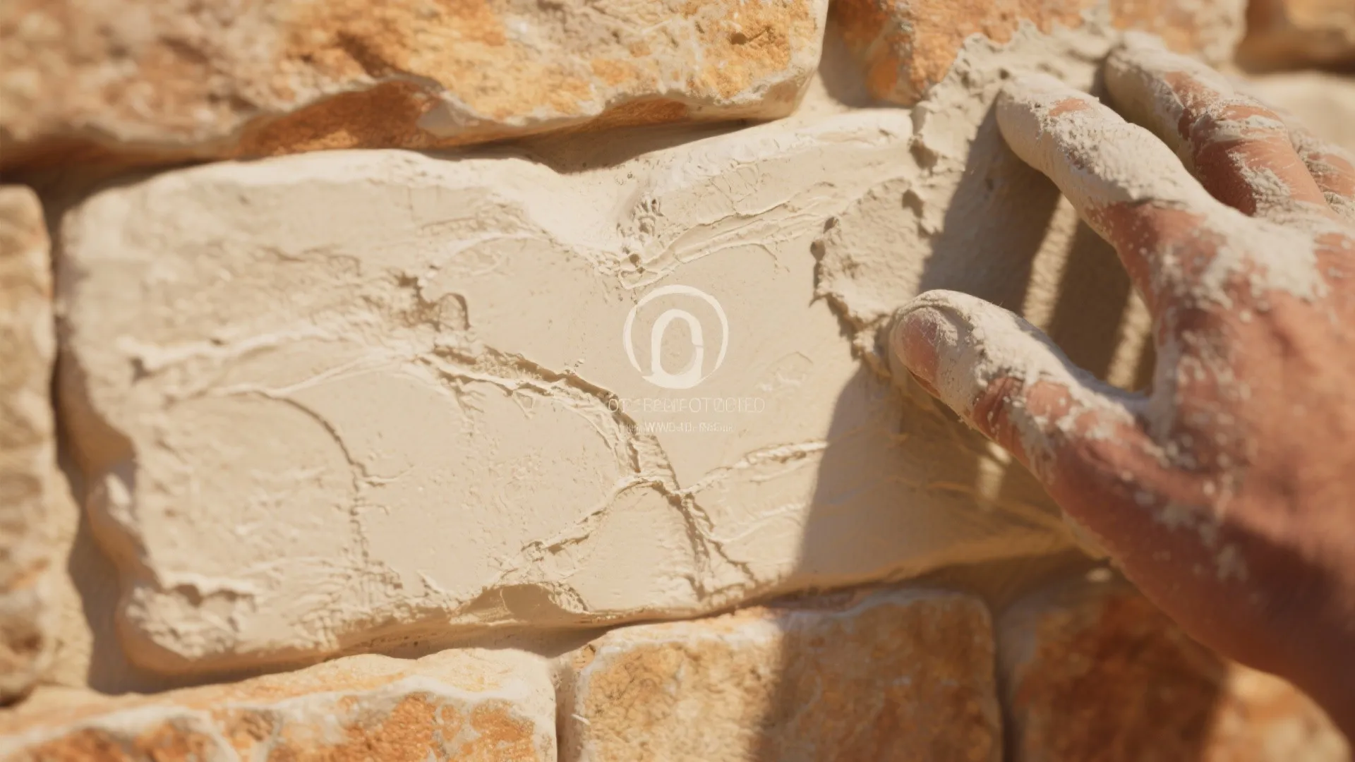 Person using hand to apply light colored plaster over a rough textured natural stone wall