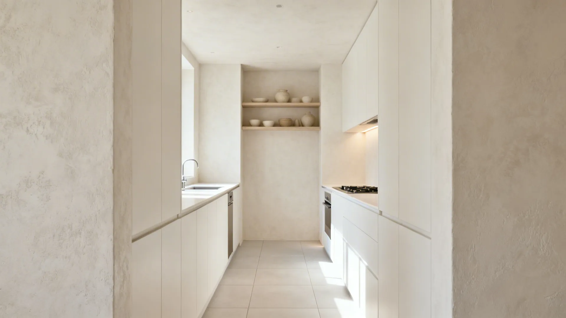 Off-white lime plaster walls paired with matte white subway tiles and mid-tone grout in a bright galley kitchen.