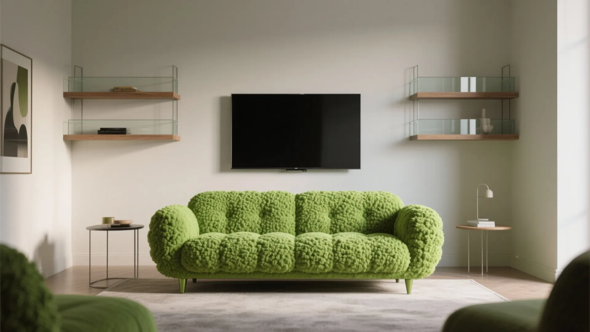 Lime green boucle loveseat on legs as the focal point in a small living room with floating shelves and neutral walls.
