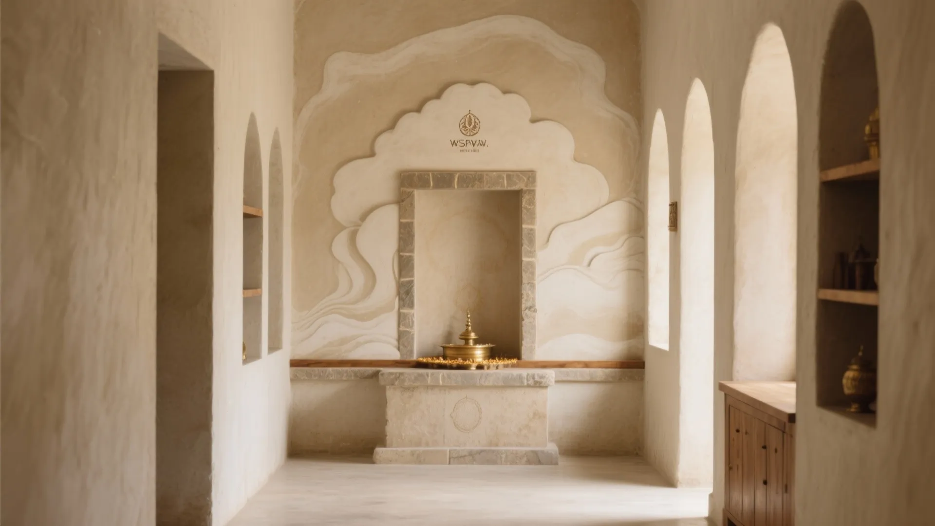 Stone hallway with arched wall openings and central altar holding a gold decorative water bowl