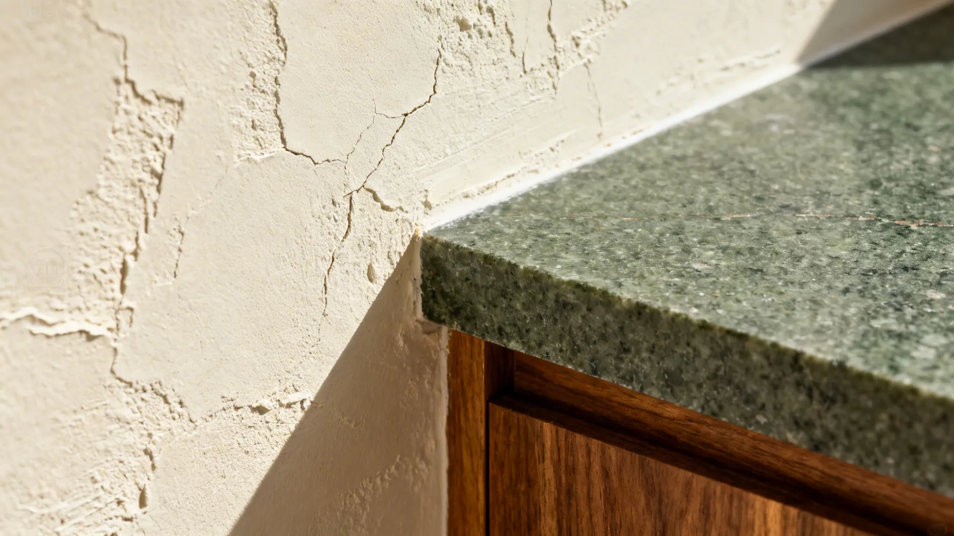 Macro of lime plaster wall meeting honed Kota stone countertop with subtle patina.