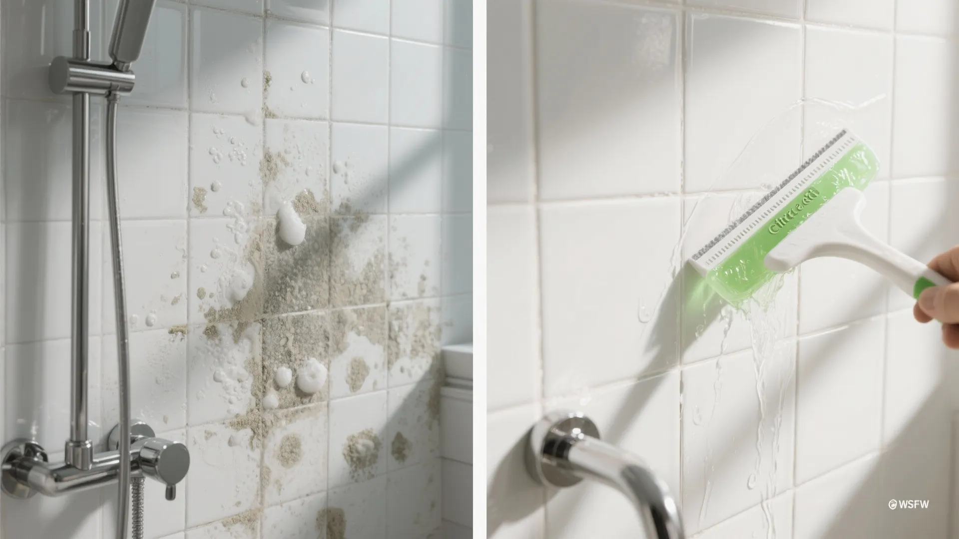 Before and after comparison of dirty bathroom wall tiles being cleaned with a green cleaning tool