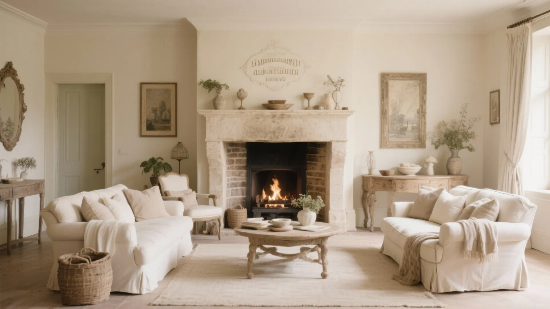 Soft cream limestone fireplace in a Country French living room