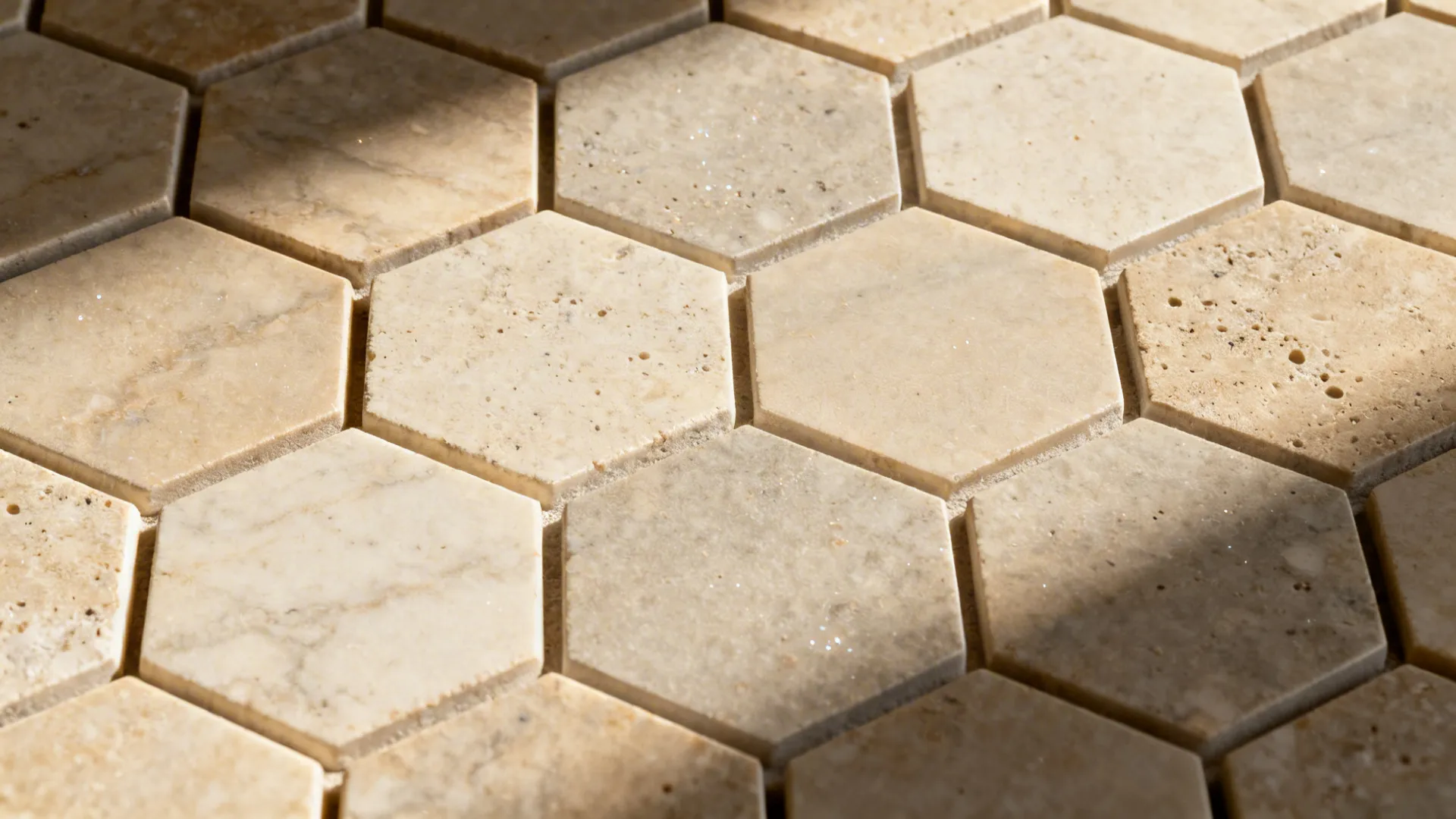 Macro of honed greige limestone hex mosaics with subtle veining and tonal grout.