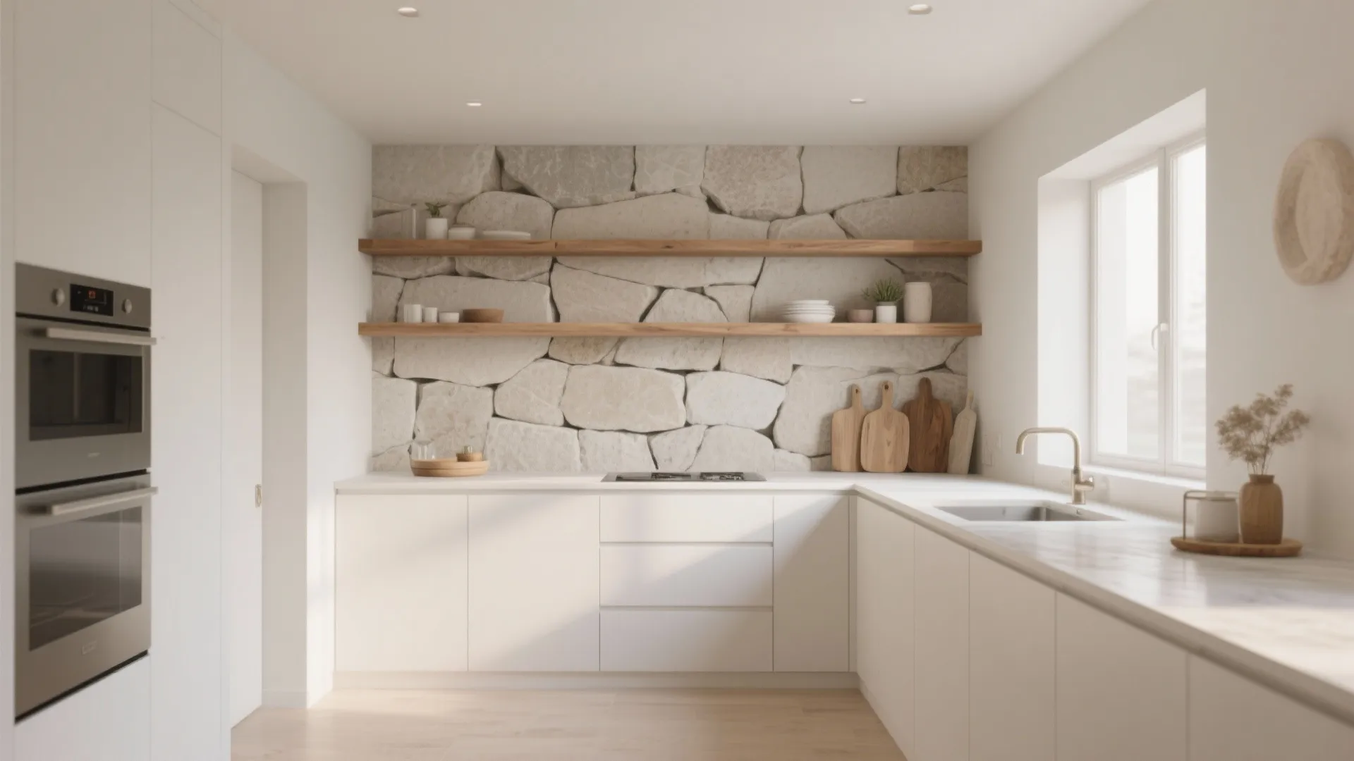 Modern white kitchen with stone wall panel wooden shelves white cabinets and natural window light
