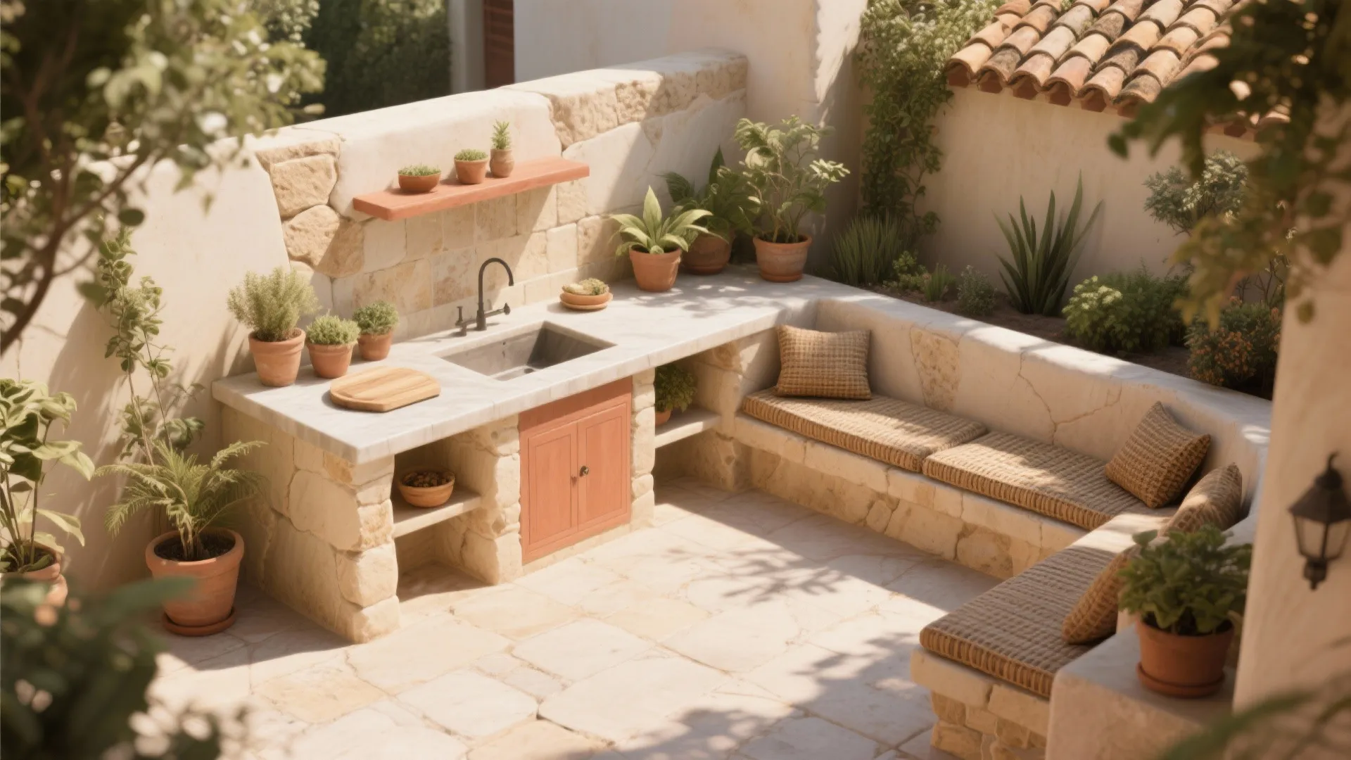 4. Limestone L-Shaped Prep Zone with Built-in Seating