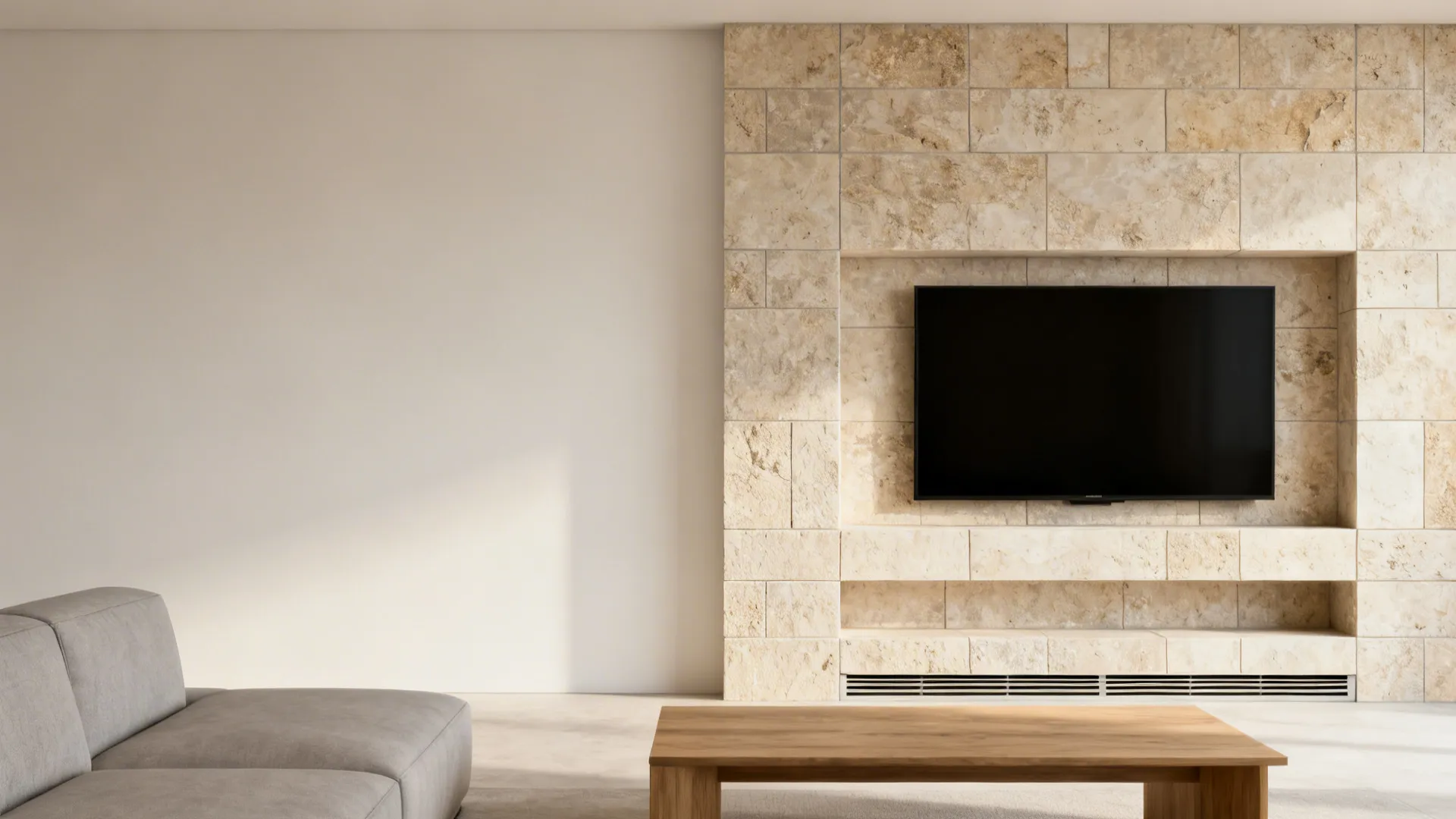 Side-by-side before and after: plain wall vs limestone tile wall with recessed TV niche and concealed ventilation