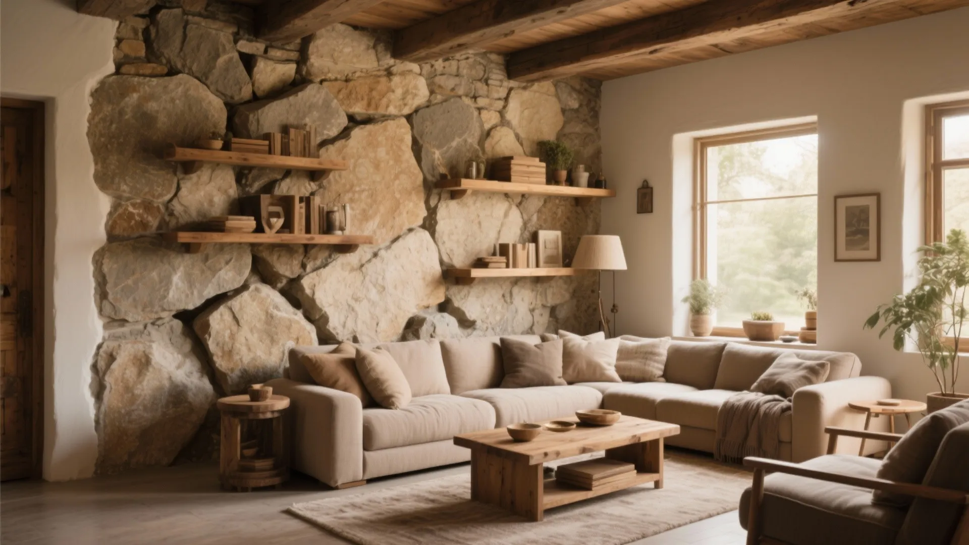Cozy living room featuring natural stone wall with wooden shelves beige sofa and coffee table