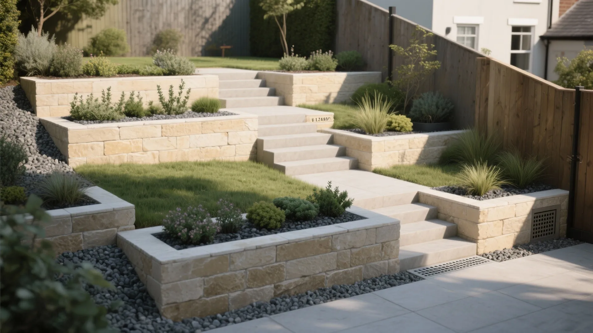 Terraced Limestone Steps and Planters