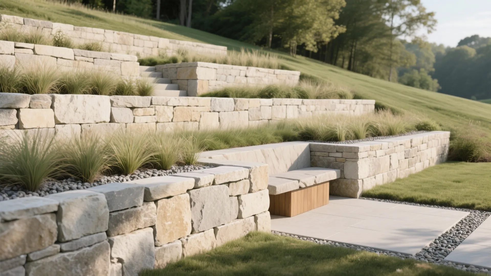 1) Natural limestone tiers with native planting