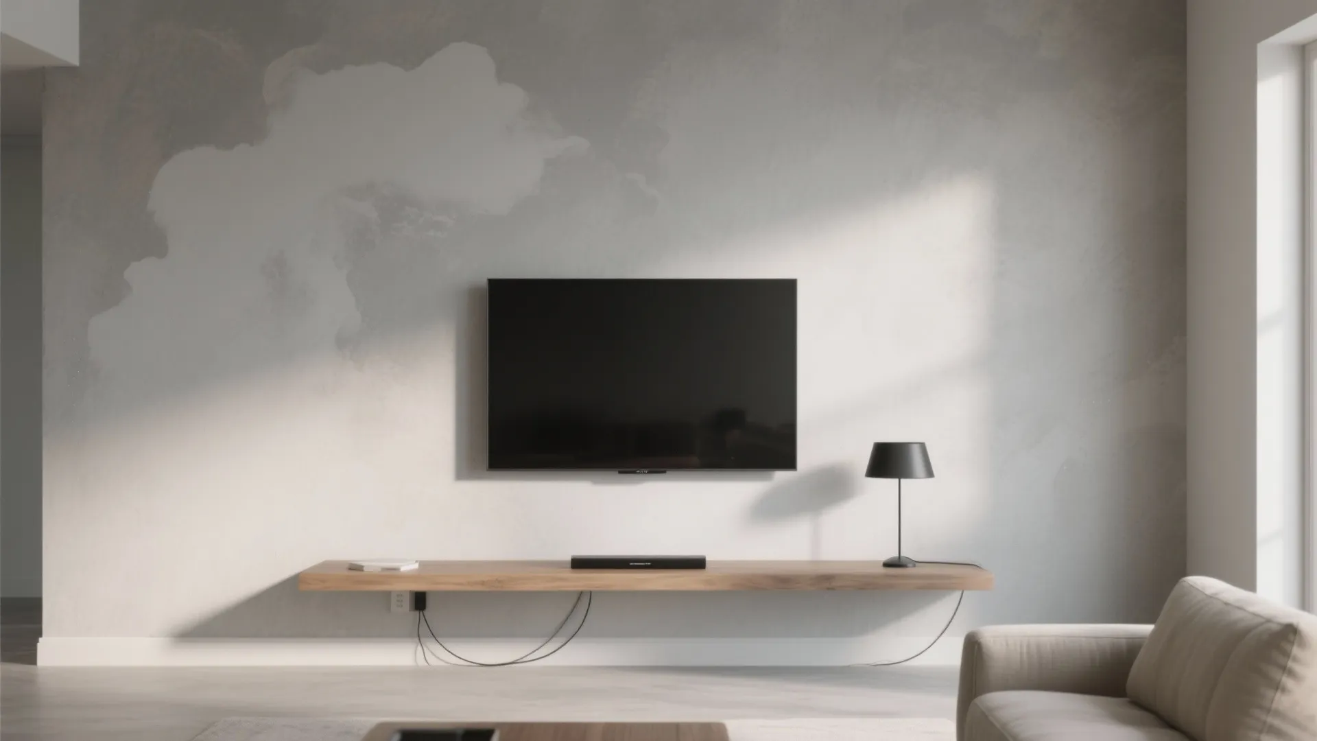 Dove-gray limewash accent wall with soft texture, floating TV effect, and oak and linen accents under gentle daylight.