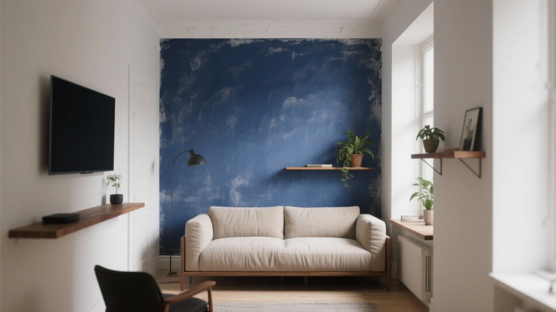 Modern living room with a blue textured wall behind a beige sofa and wooden shelves