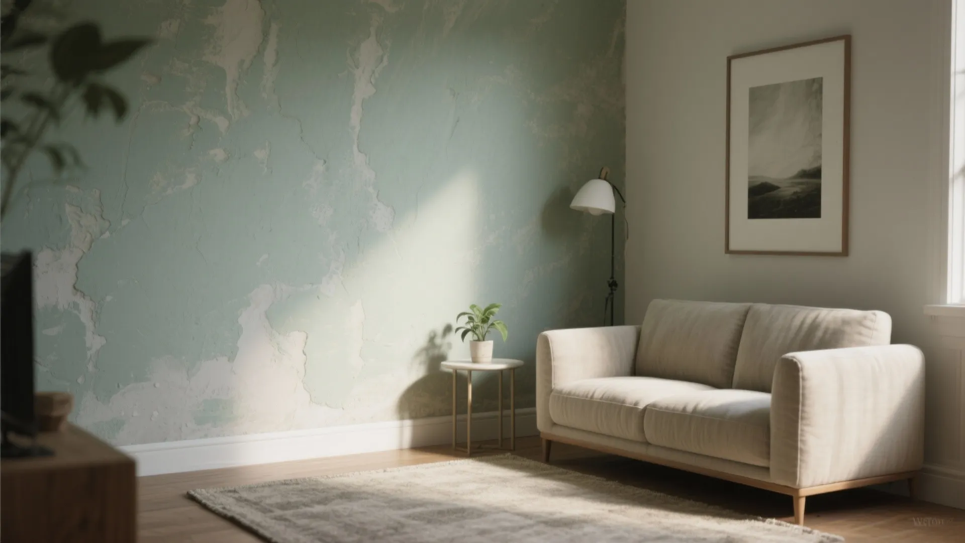 Living room interior design drawing featuring green textured wall white sofa floor lamp and rug