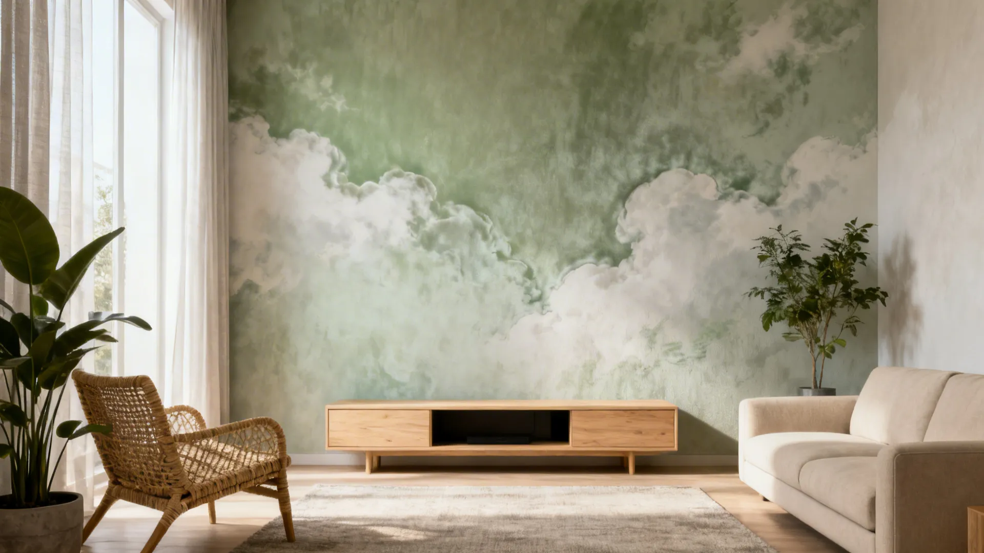Pale grey-green lime-wash accent wall in a compact living room with beige sofa and oak console.
