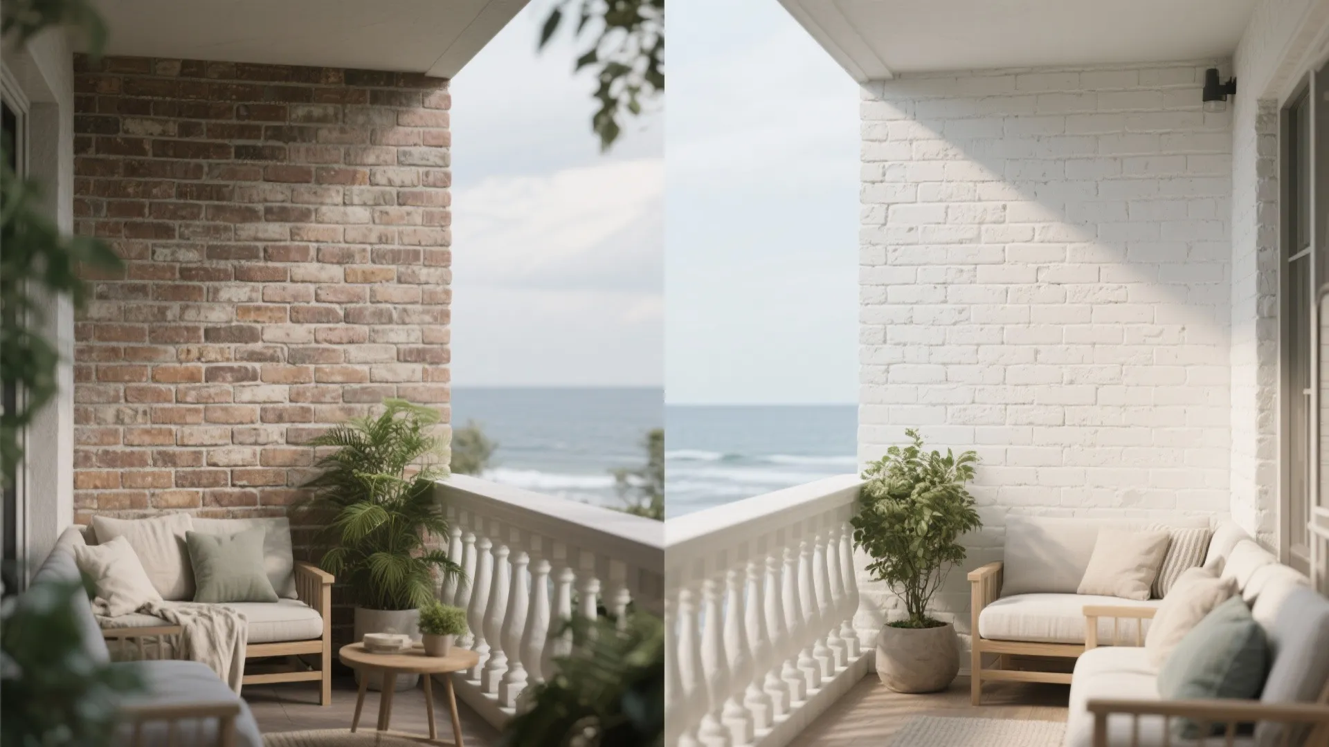 Before and after comparison of a balcony with natural brick walls versus white painted walls