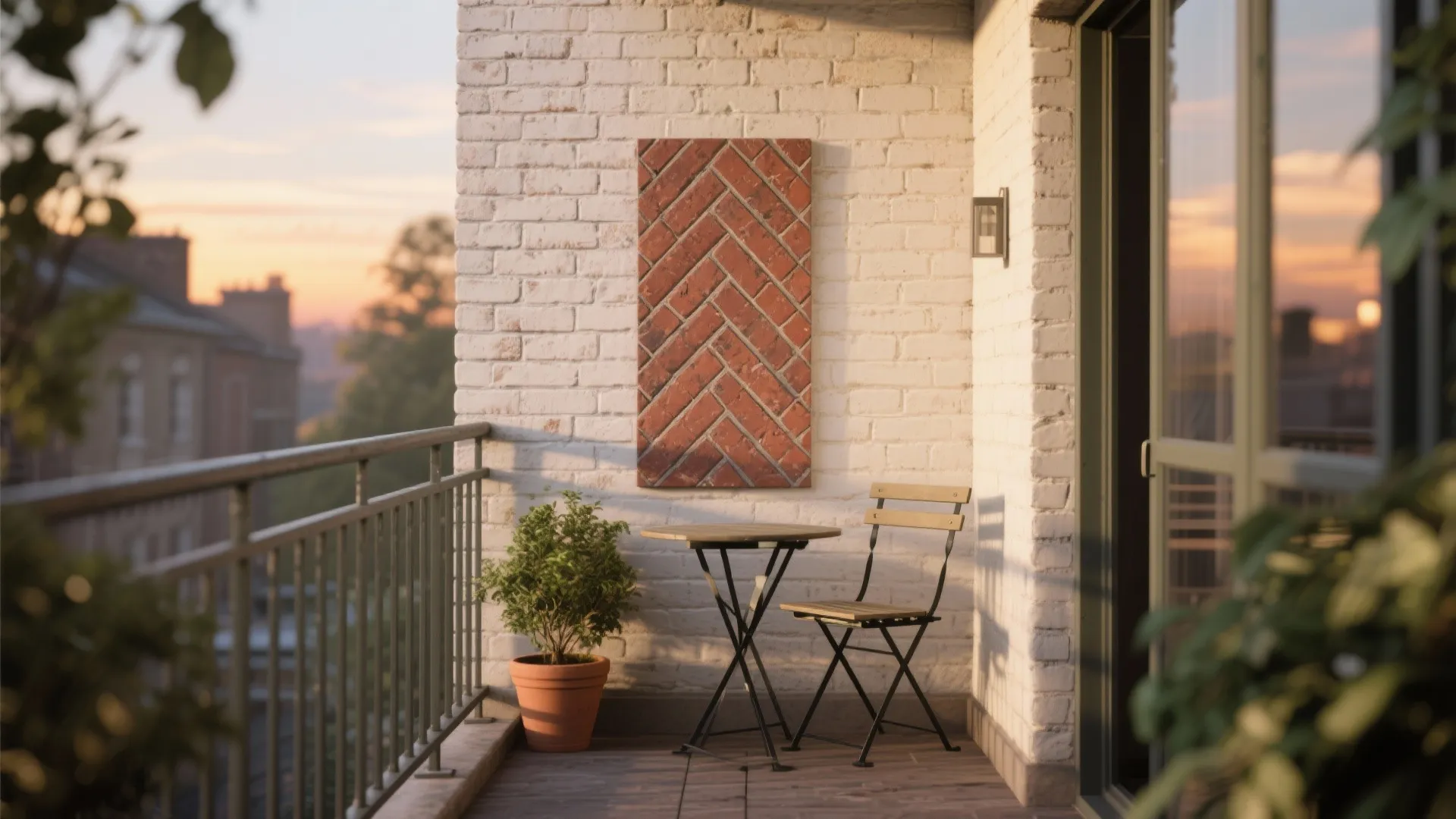 Modern balcony featuring white brick walls with red brick pattern wooden table and metal chair