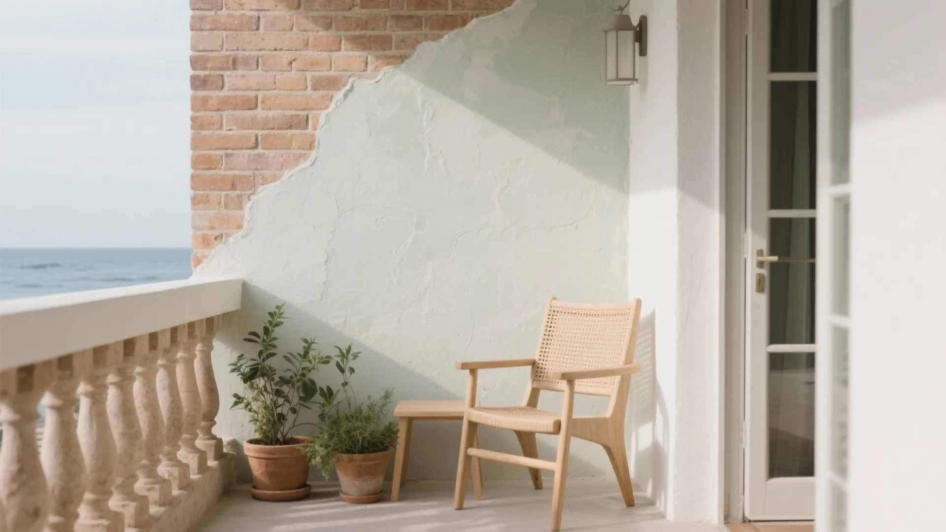 Balcony featuring brick wall light green paint wooden chair small side table plants and ocean