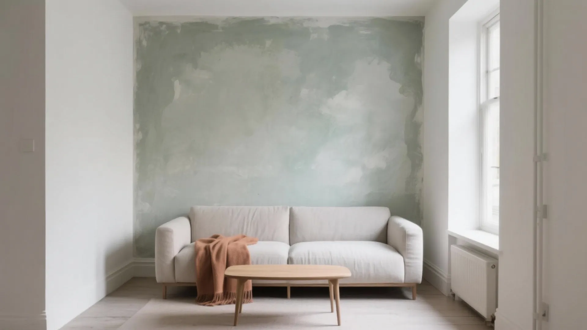 Minimalist living room showing white sofa with orange blanket and green painted wall with window