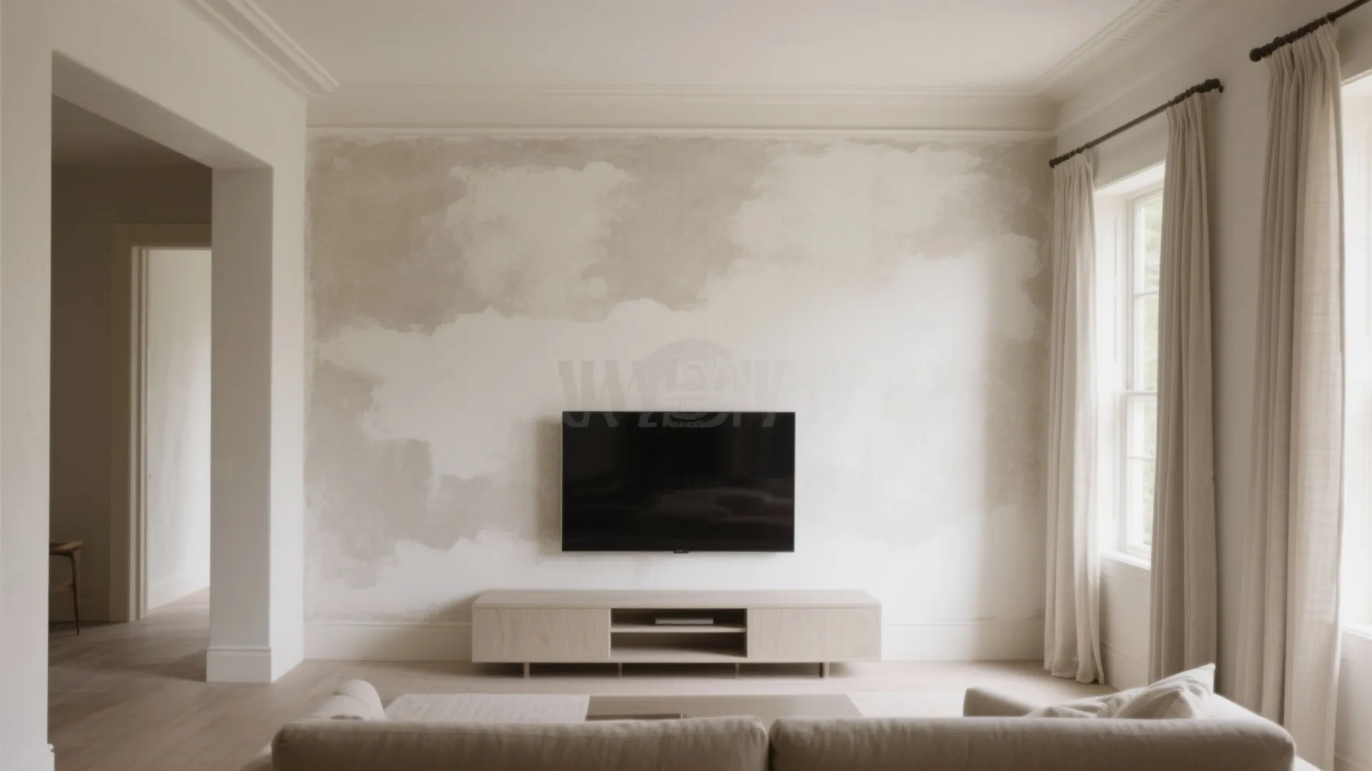 Living room with textured beige wall, wall mounted television, light wood cabinet, curtains, and daylight