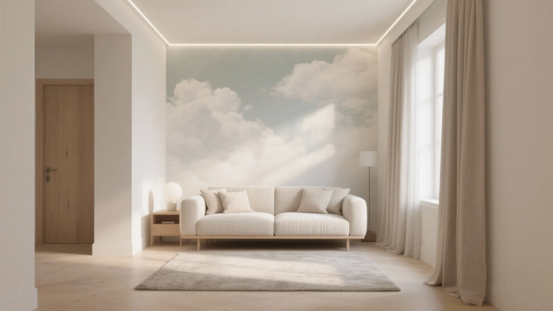 Minimalist living room with white sofa wooden floor sky wallpaper long curtains and soft natural light