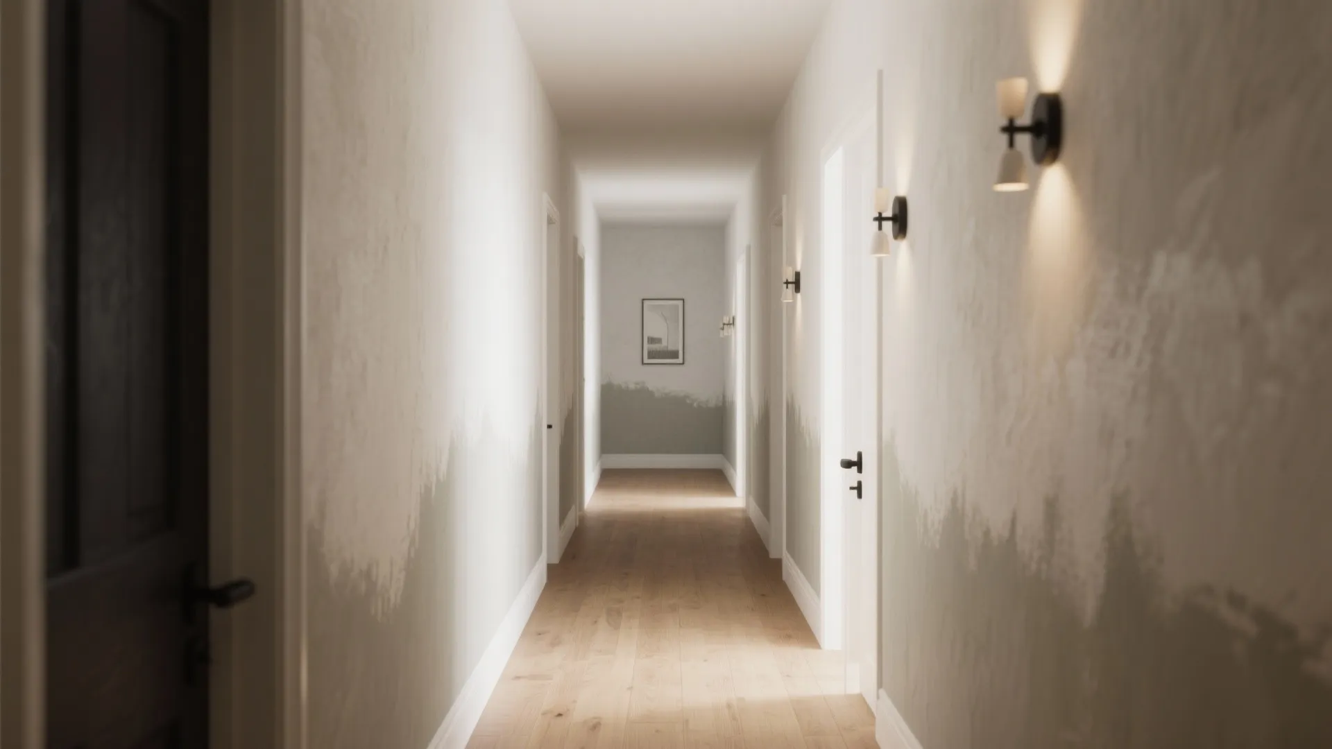 Minimalist hallway with textured grey walls wooden floor white wall lights and one small picture