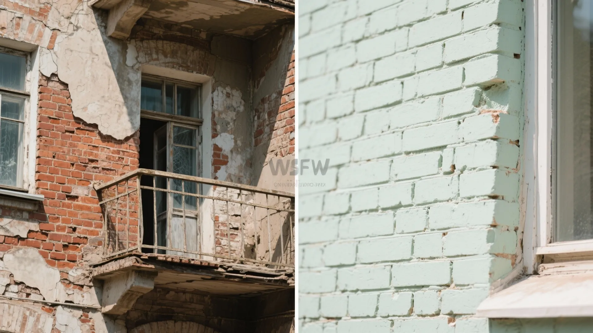 Before and after comparison showing old red brick wall versus a clean light green painted wall