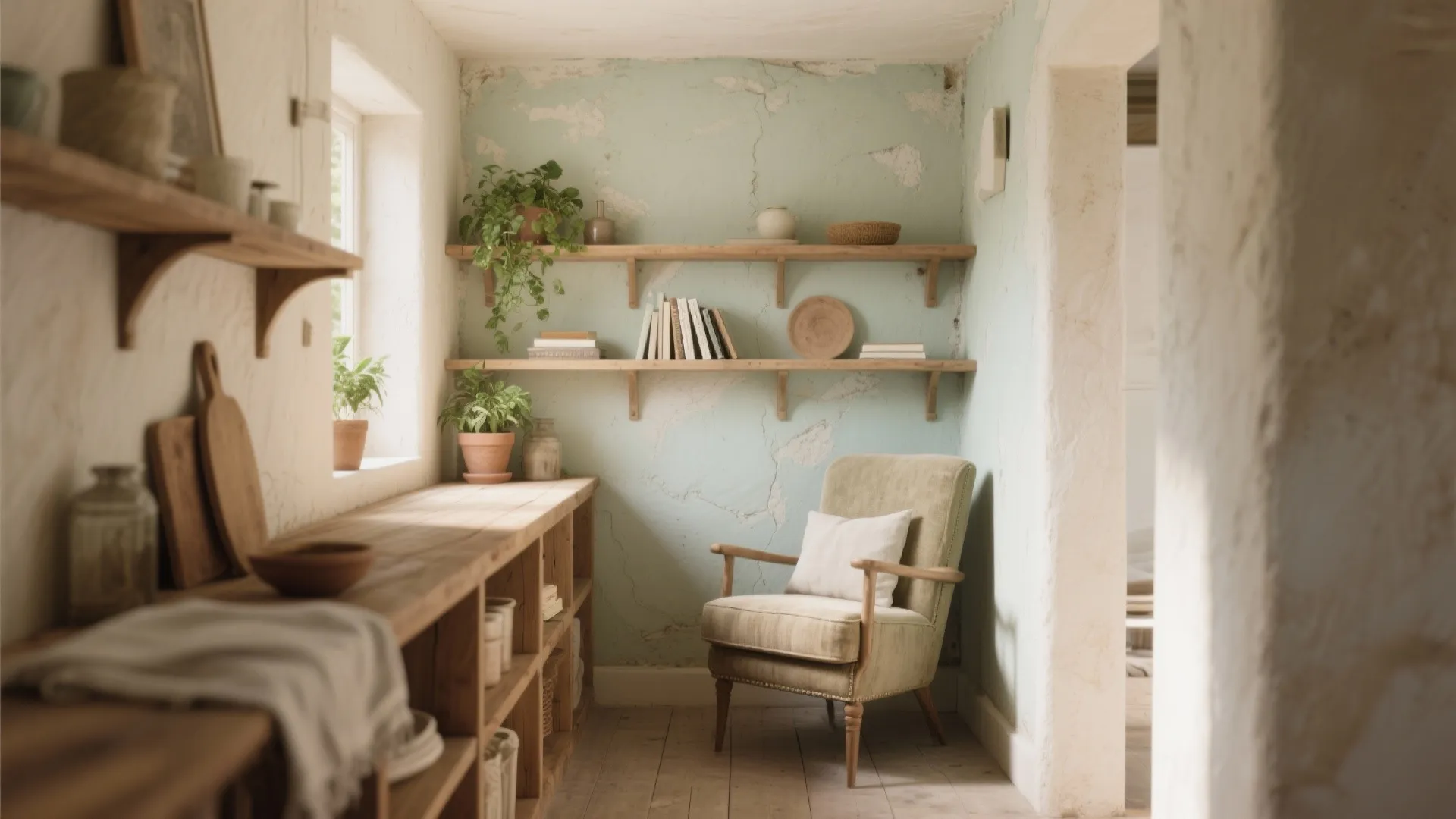 Cozy reading corner with green arm chair wooden wall shelves and potted plants in sunlit room