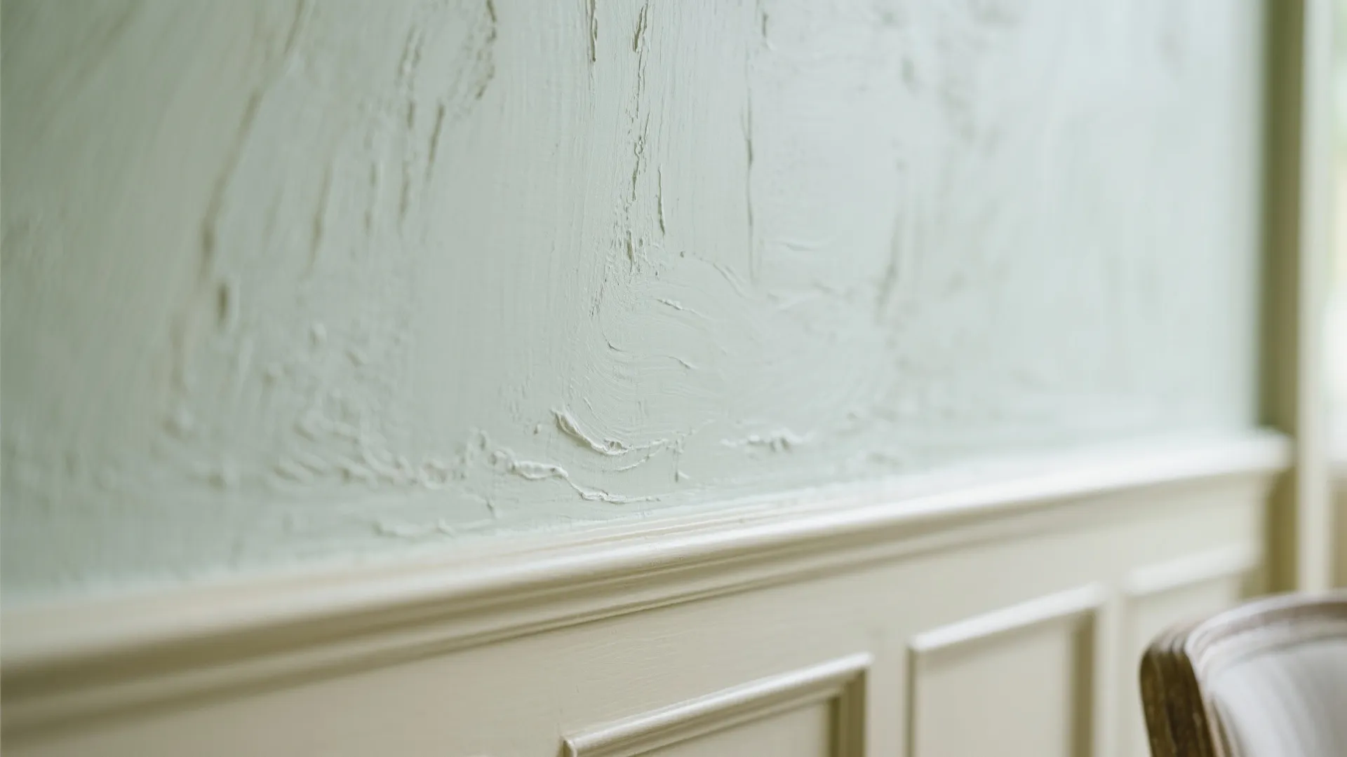 Close-up of limewash texture below chair rail