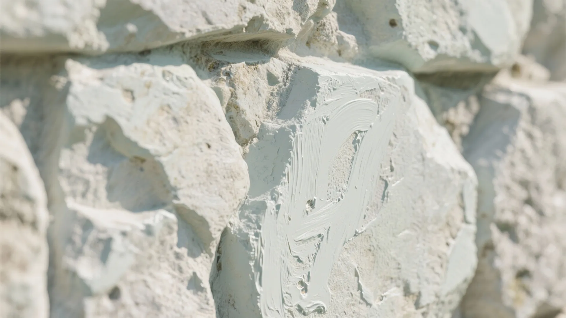 Close up view of white paint being applied to a textured stone wall with brush strokes