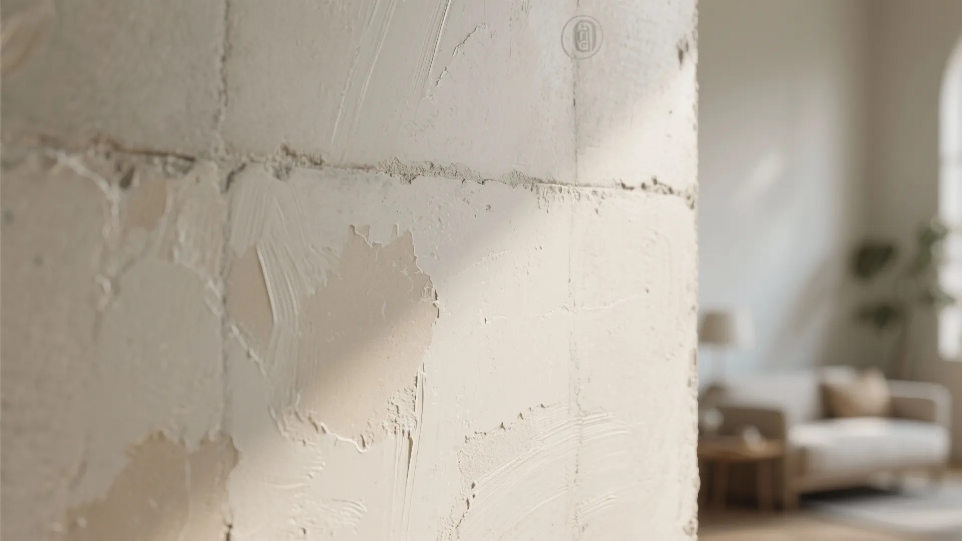 Close up view of textured beige wall finish with blurred living room sofa in background