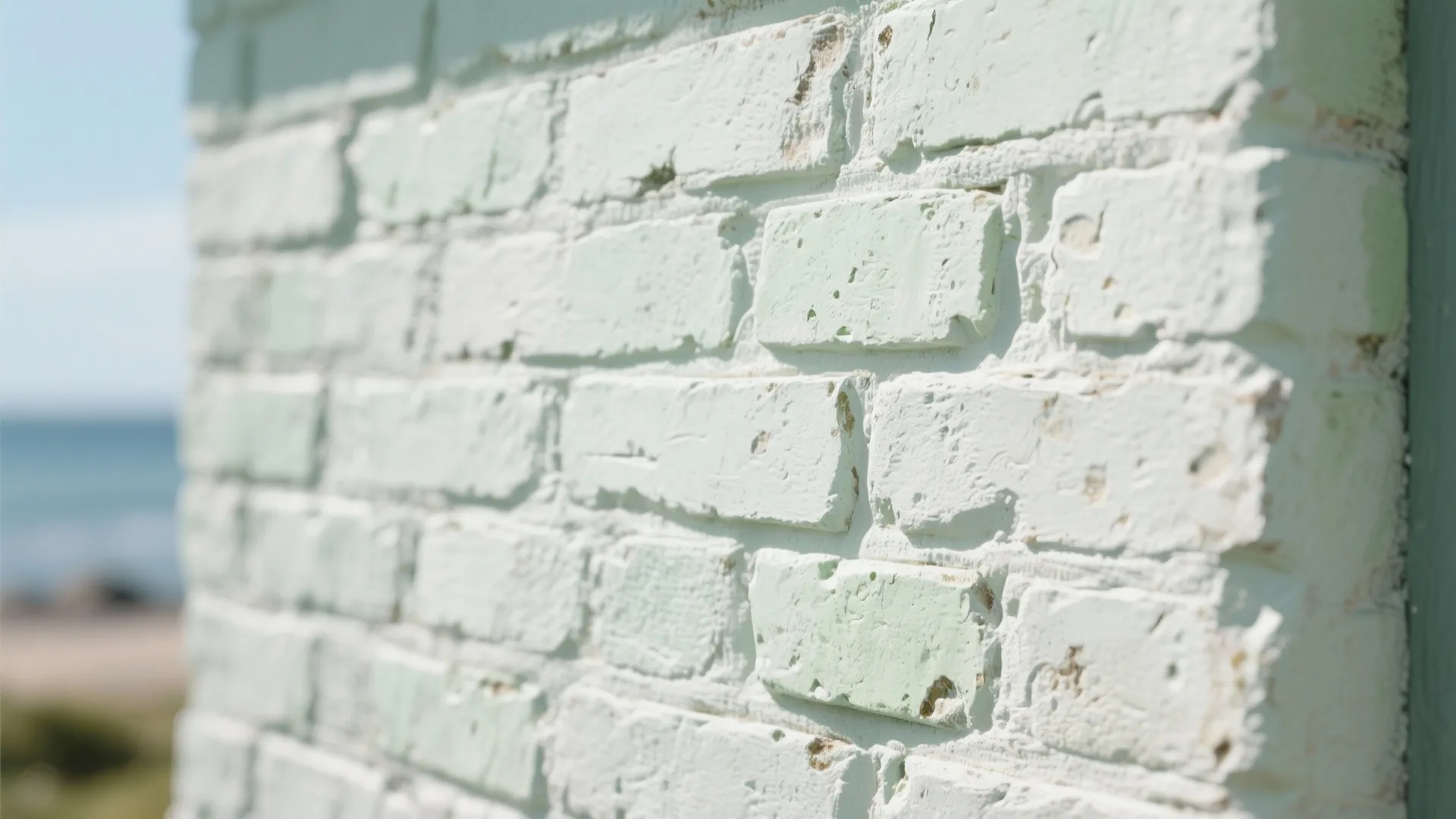 Close up of a textured brick wall painted in light green color under bright natural sunlight