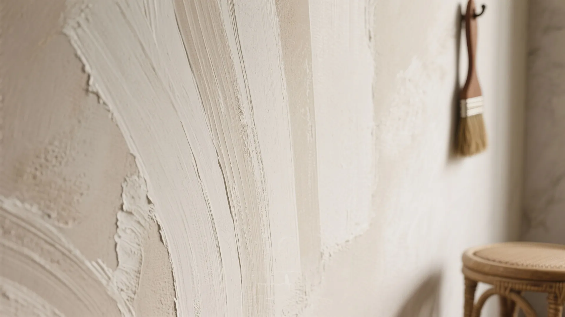 Textured cream wall paint with visible brush strokes hanging brush and a small wooden stool