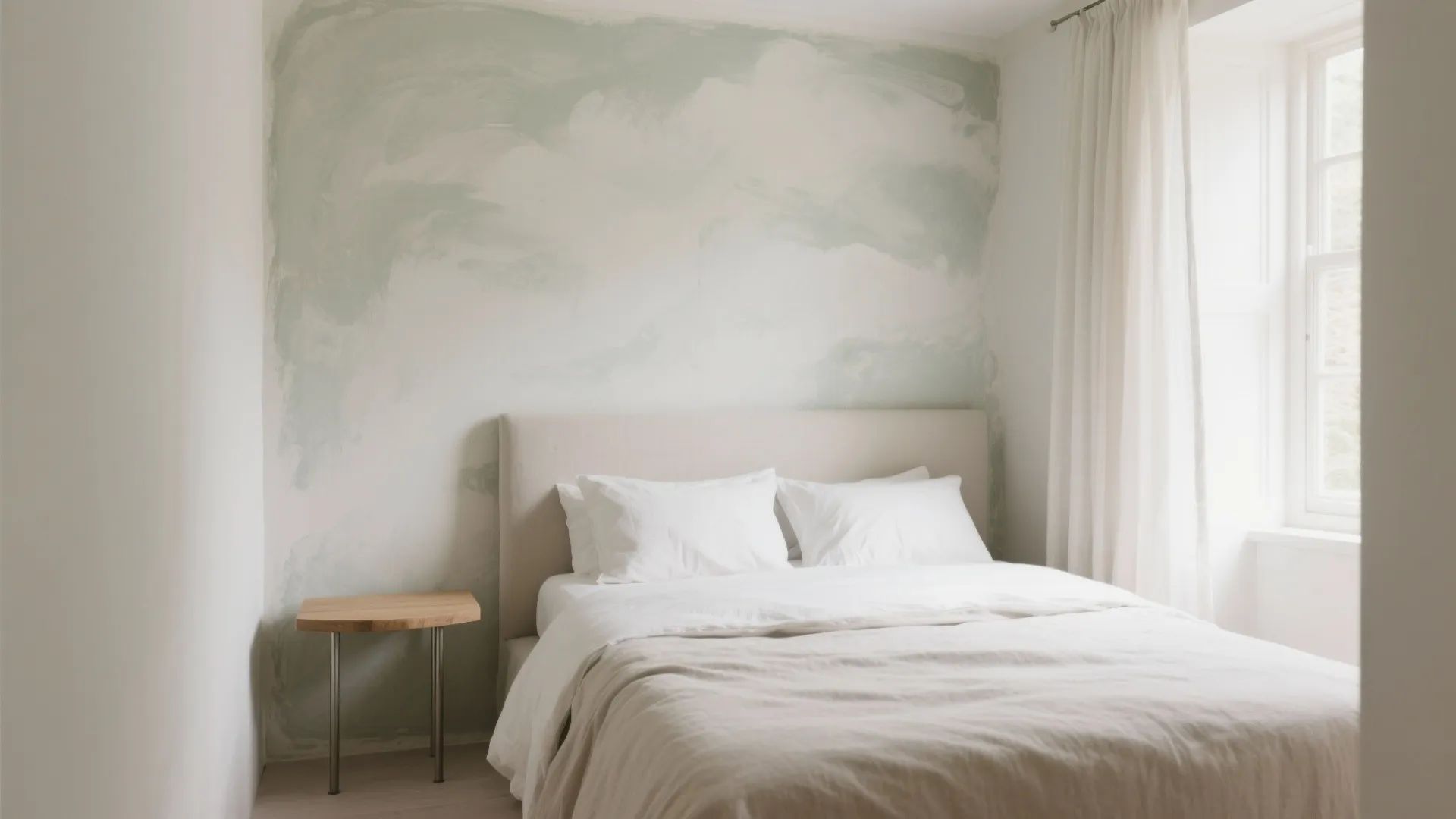 Minimalist bedroom with light green textured wall, white bedding, wooden side table, and white curtains