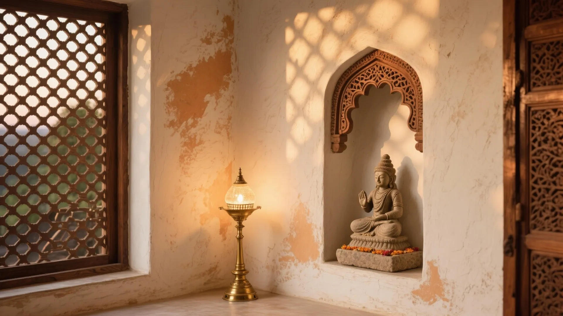 Meditation room with stone Buddha statue in wall alcove warm floor lamp and wooden windows
