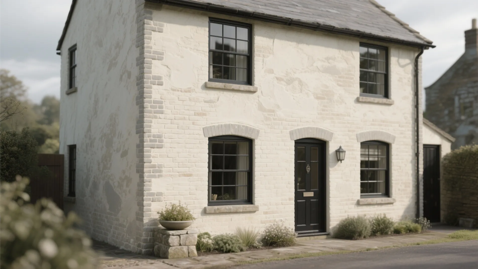 Two story house with white brick walls black windows black door and small front garden