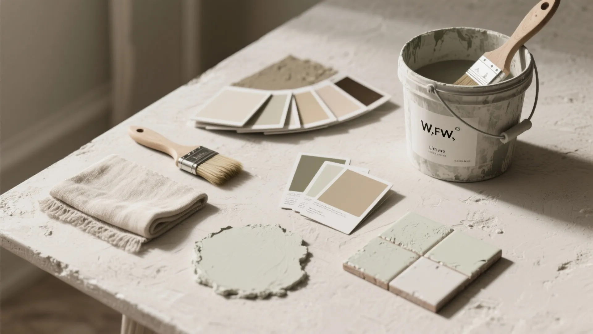 Flatlay of limewash samples, brushes, color cards and tile sample illustrating materials and palette.