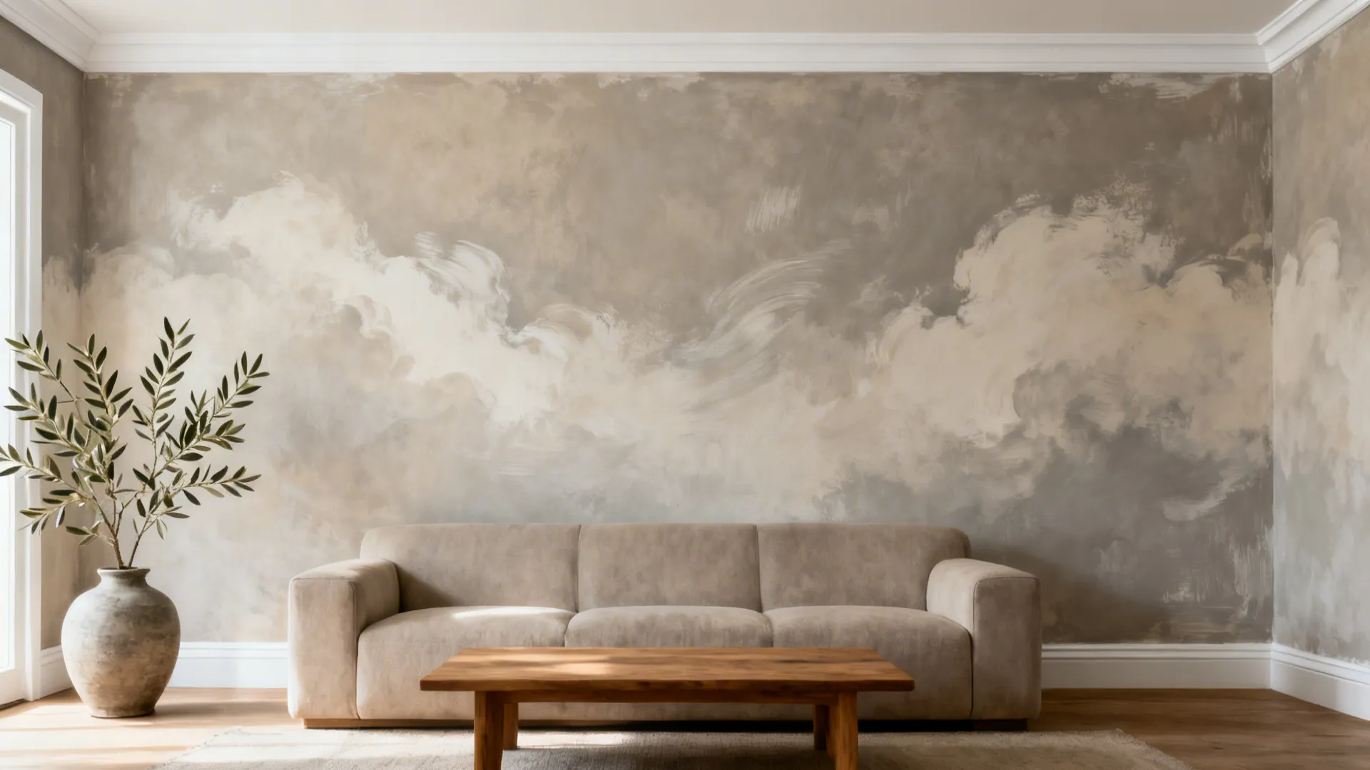 Living room with a warm gray-beige limewashed feature wall and soft, diffused daylight.