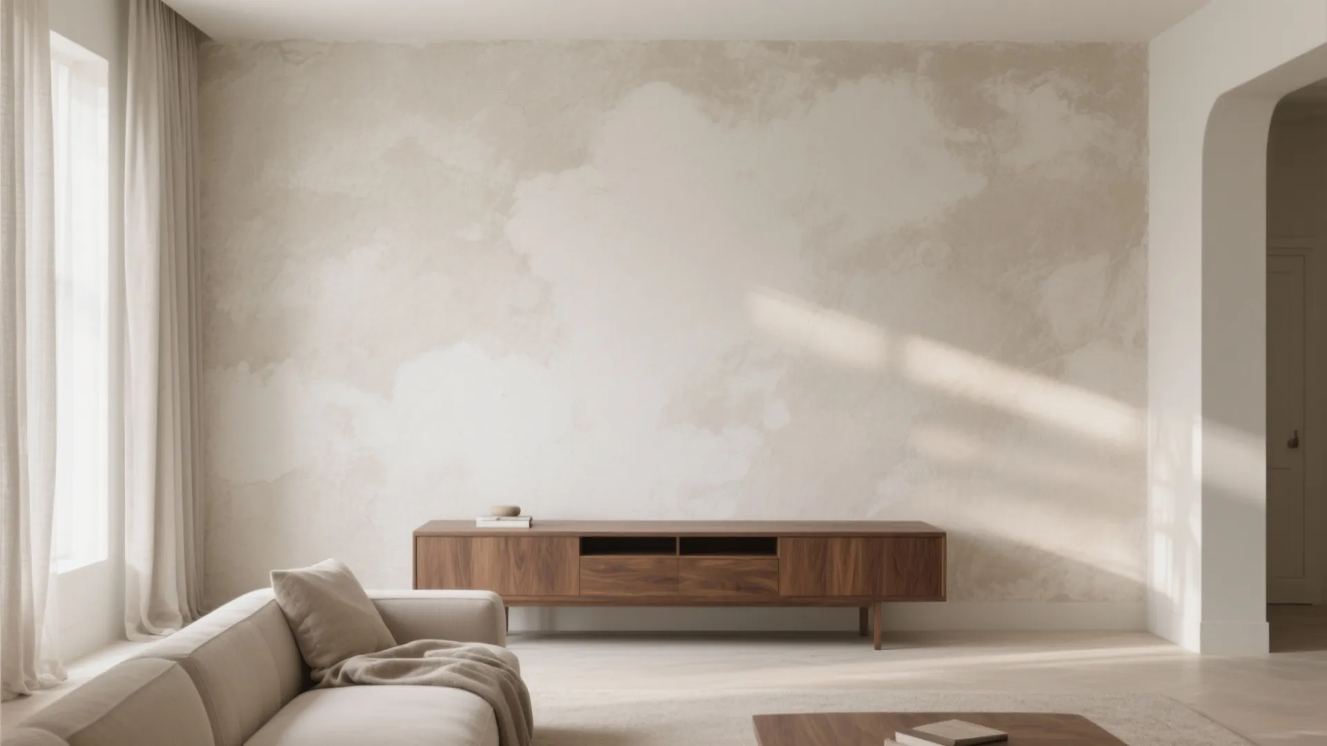 Modern living room with textured beige wall, wooden cabinet, white sofa, curtains, and natural sunlight